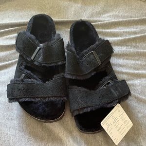 Arizona Shearling Black Suede Leather Birkenstocks